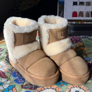 UGG Chestnut Suede Shearling Booties with Cream Fur Trim
